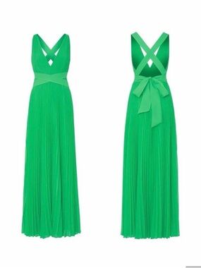 Milly Orea Green Pleated V-Neck Maxi Dress with Cross-Back Tie